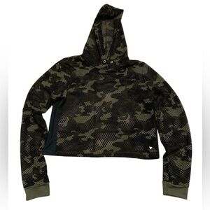 GUESS Camo Mesh Cropped Hoodie Sweatshirt - Olive Green, Size M, Athleisure
